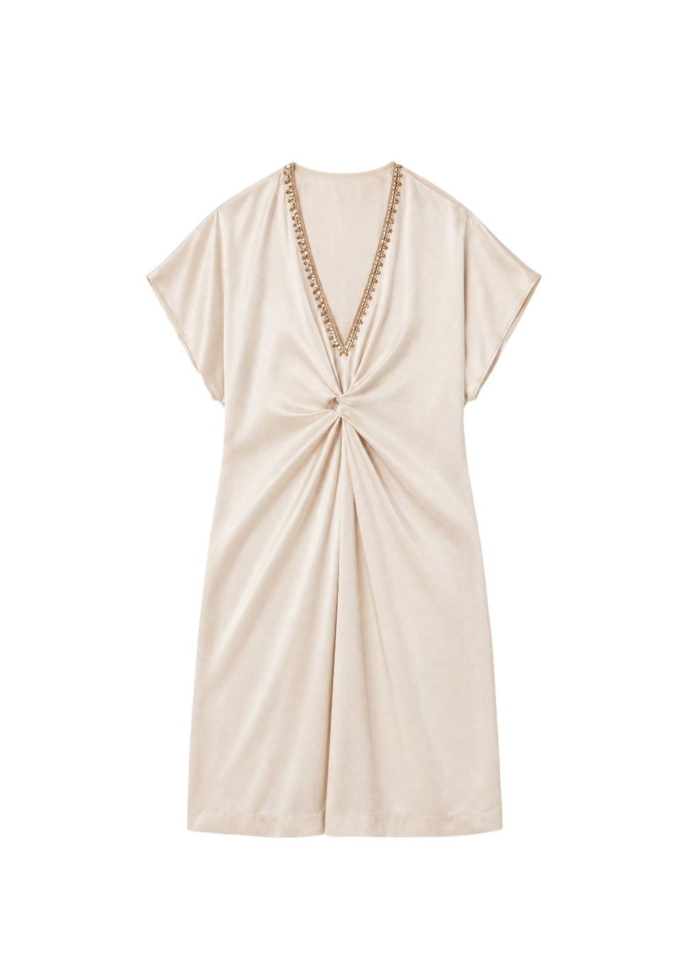 Robe froncée à bijoux en soie - Beige