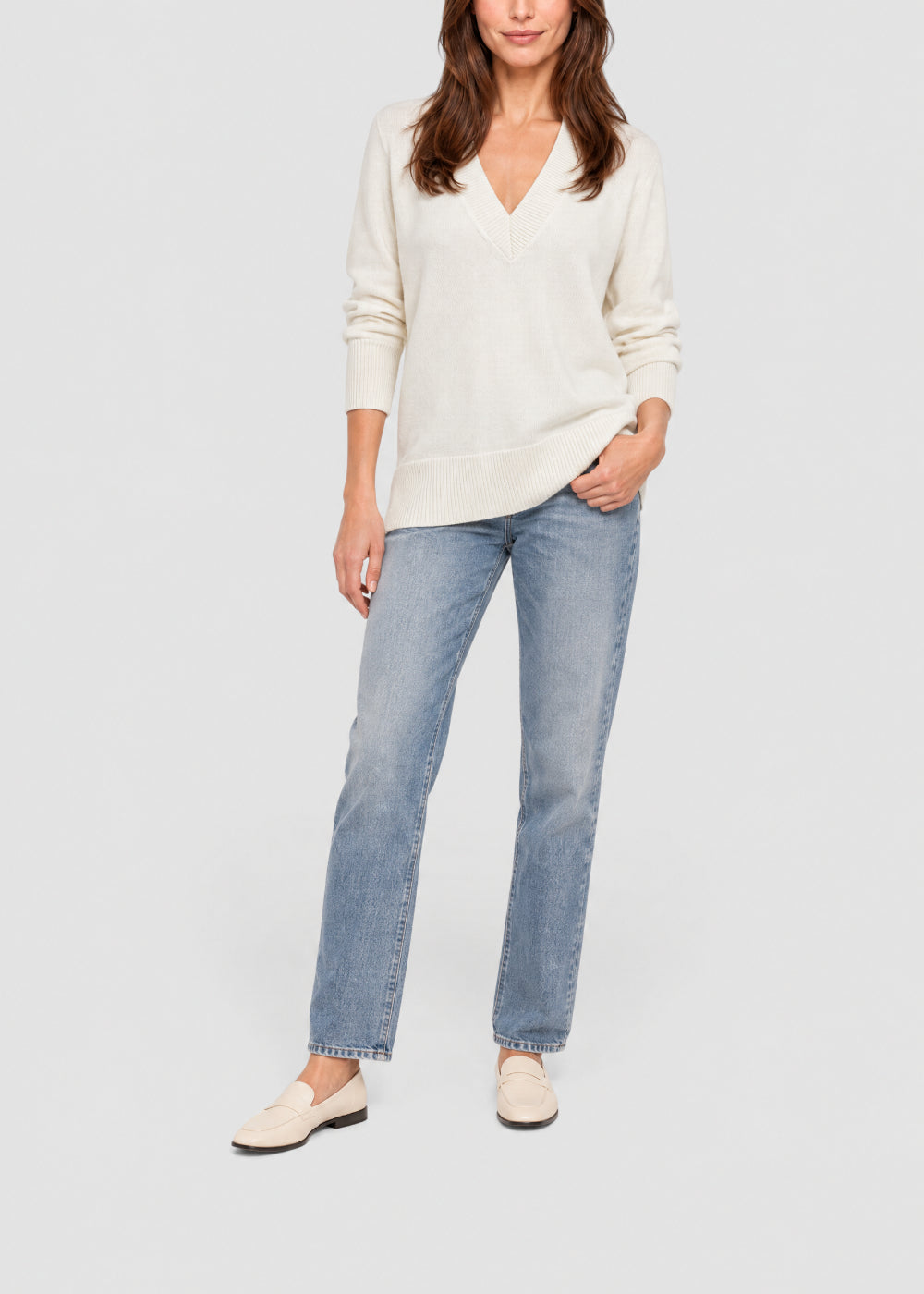 Pull ample col V en soie - Blanc Cassé