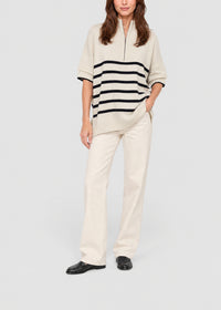 Pull col zippé à rayures en soie - Blanc Cassé
