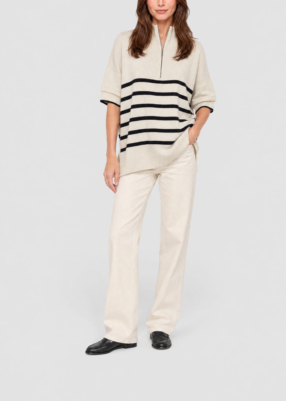 Pull col zippé à rayures en soie - Blanc Cassé