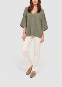 Oversized linen V-neck jumper - Khaki