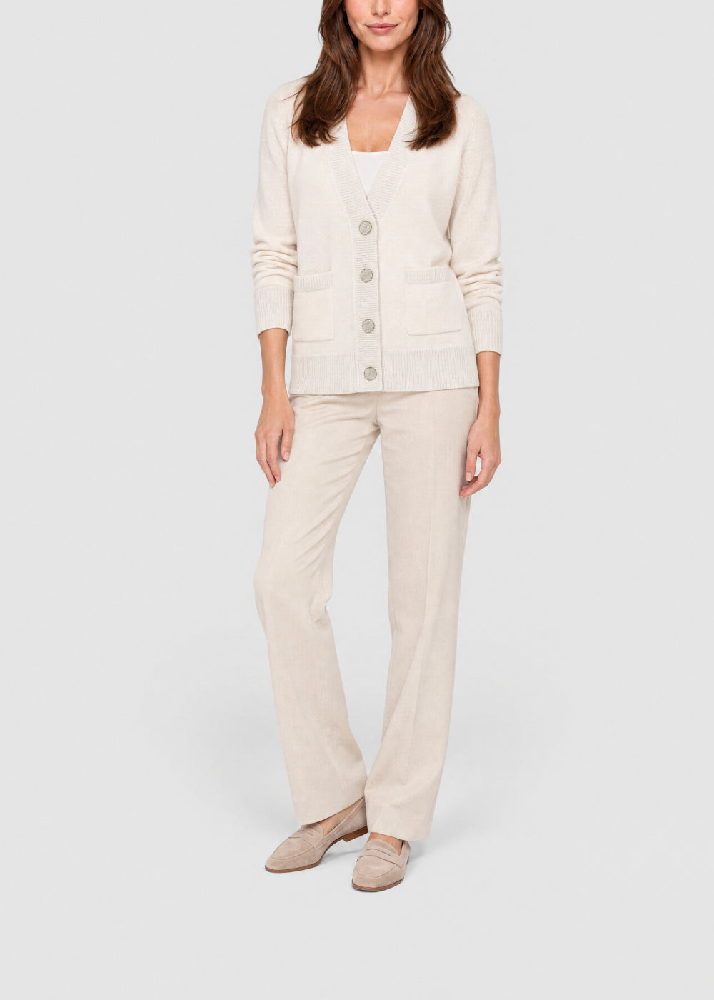 Cardigan long à poches en laine & cachemire - Blanc Cassé