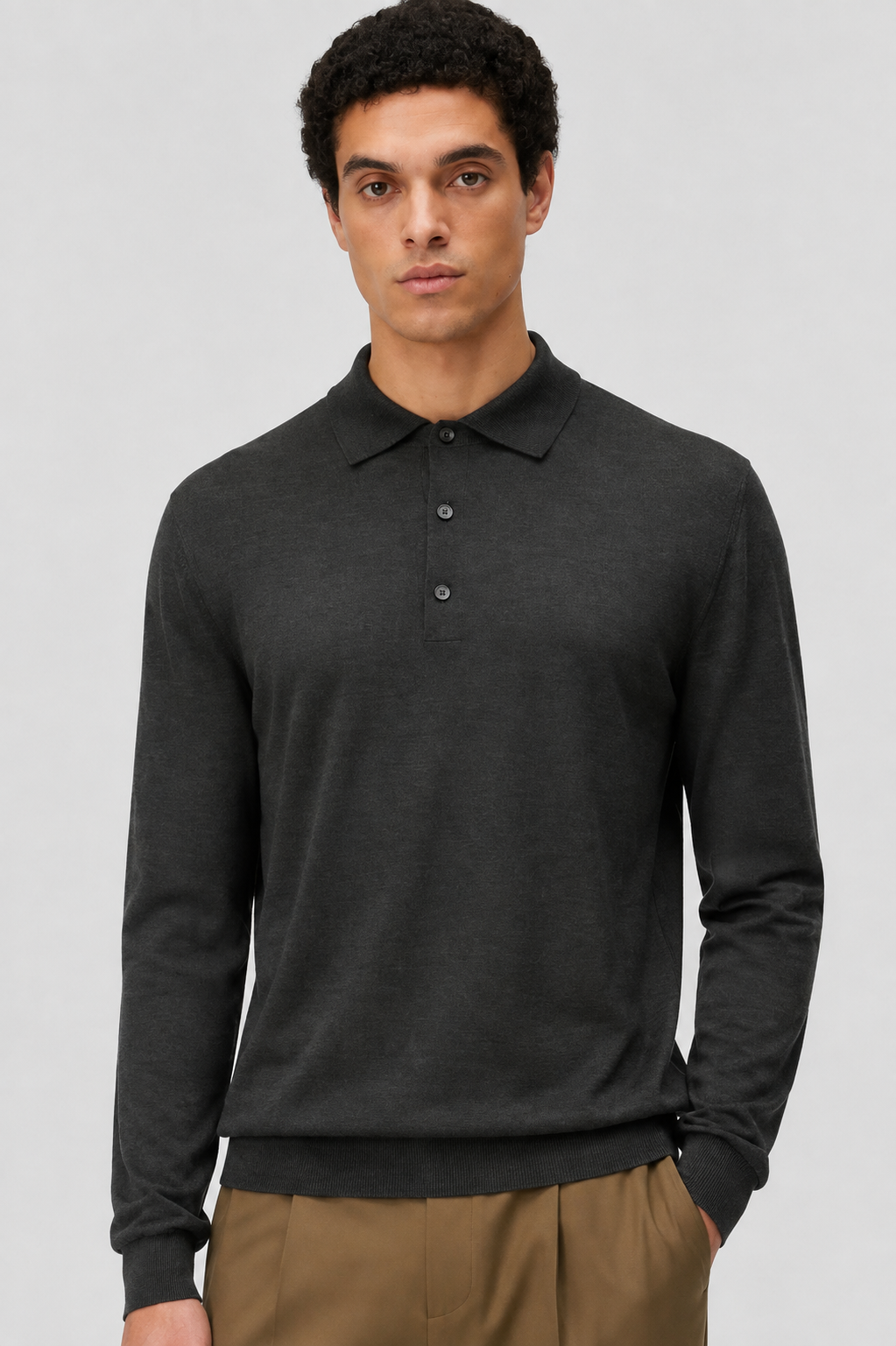 ANTHRACITE SIDE ARGYLE DETAIL LONG SLEEVE POLO