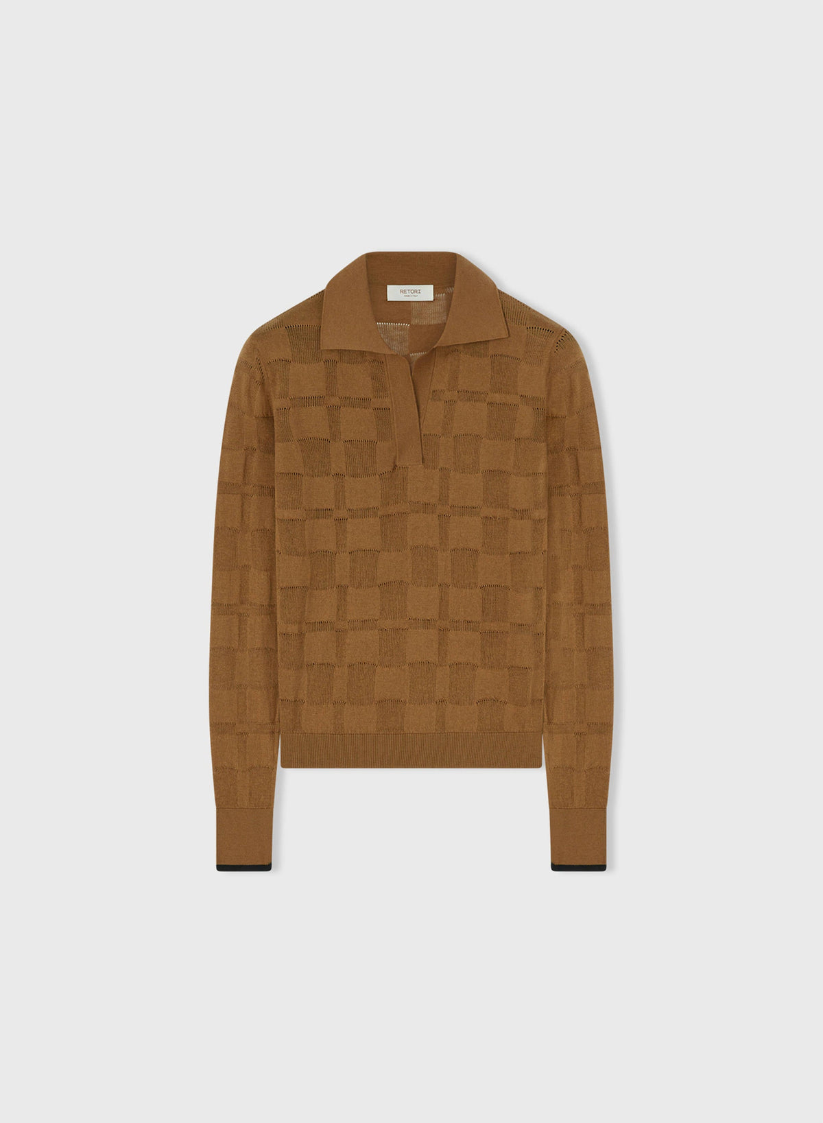 CAMEL AND BLACK KNITTED DAMIER LONG SLEEVES POLO