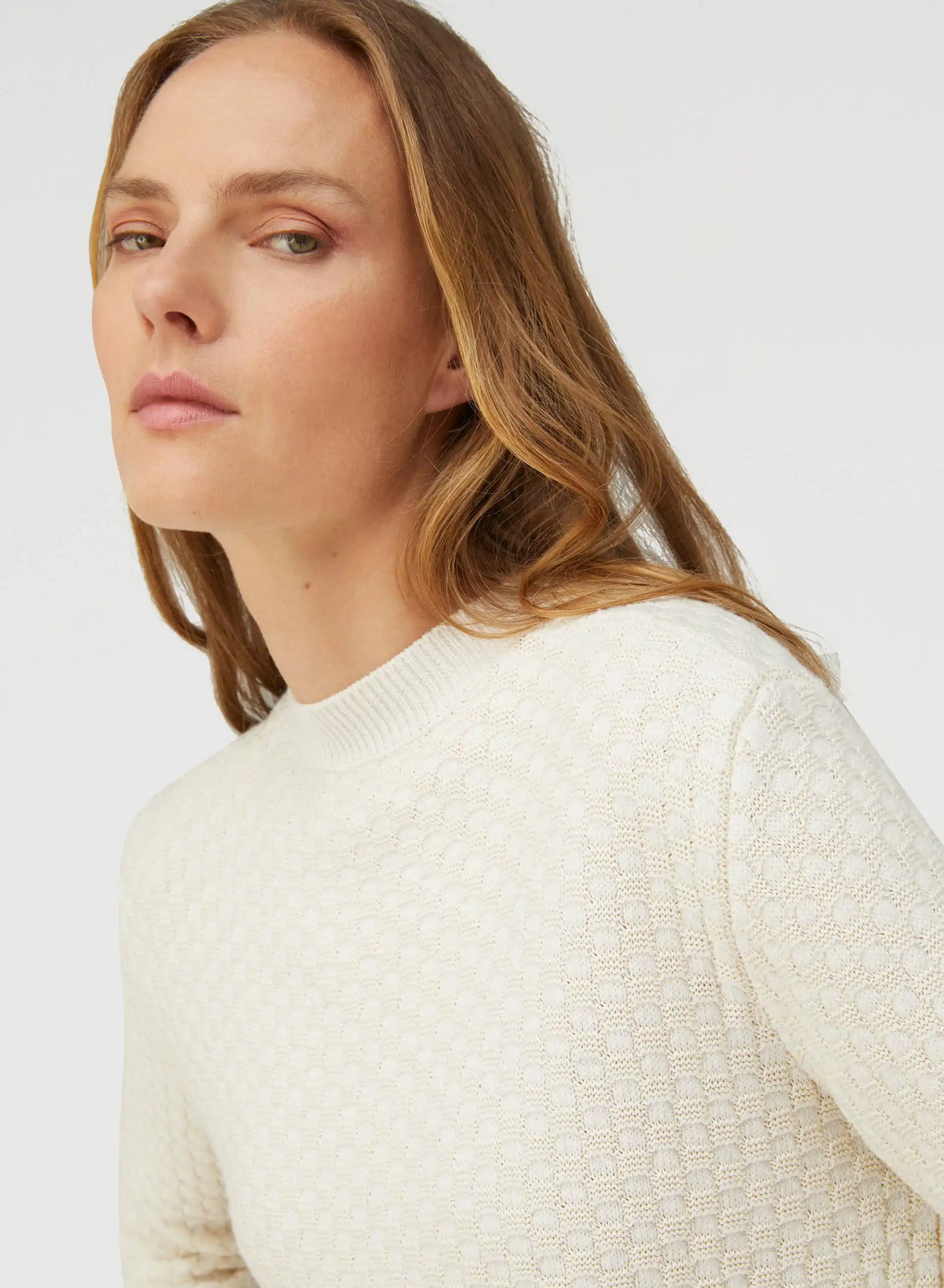 IVORY DAMIER WOOL AND SILK JACQUARD CREWNECK