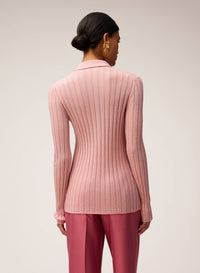 PINK ROSE LIGHT CASHMERE RIBBED KNIT CARDIGAN WITH CROCHET DETAIL