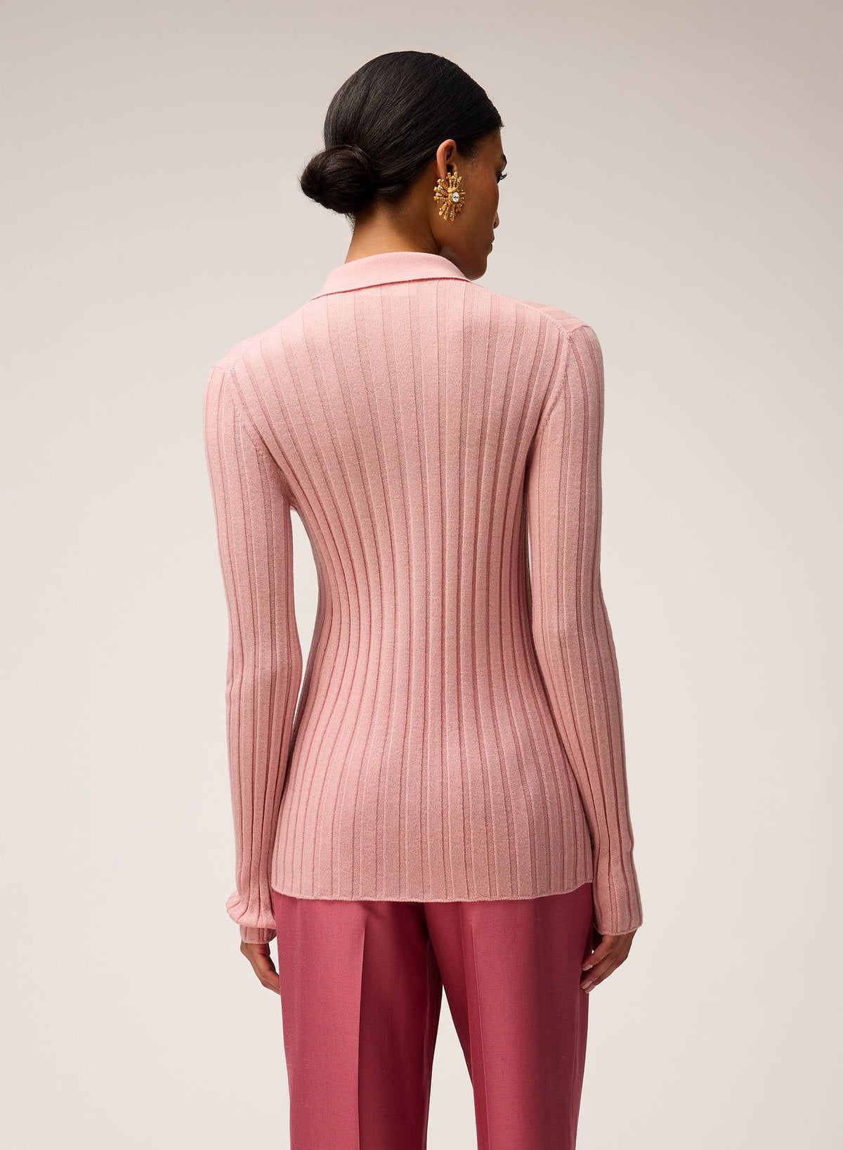 PINK ROSE LIGHT CASHMERE RIBBED KNIT CARDIGAN WITH CROCHET DETAIL