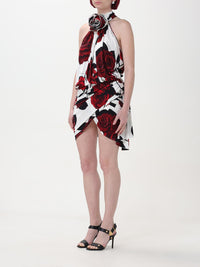 Draped short dress with rose pattern - Red