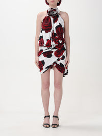 Draped short dress with rose pattern - Red