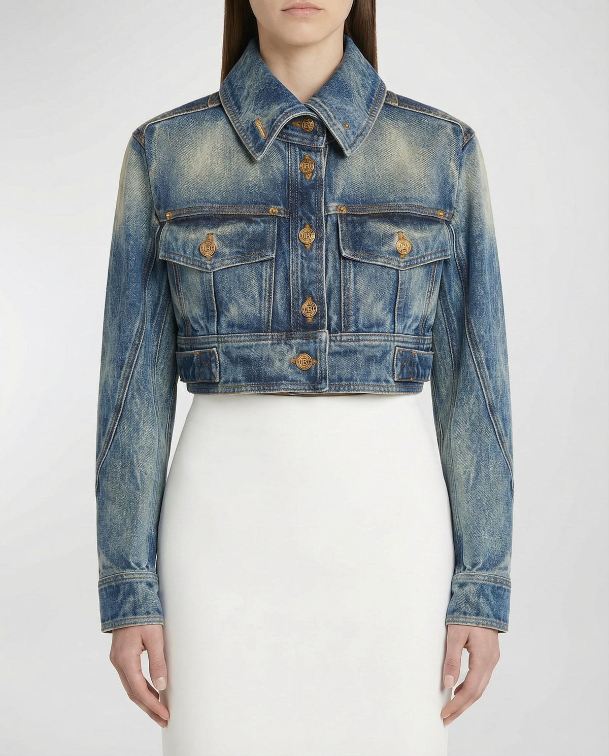 Veste à col montant en denim - Bleu Jean Délavé