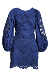 Robe courte Richelieu à fleurs en coton - Bleu