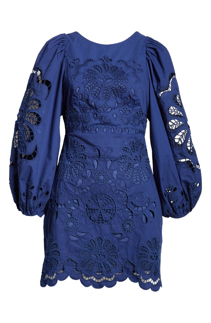 Robe courte Richelieu à fleurs en coton - Bleu