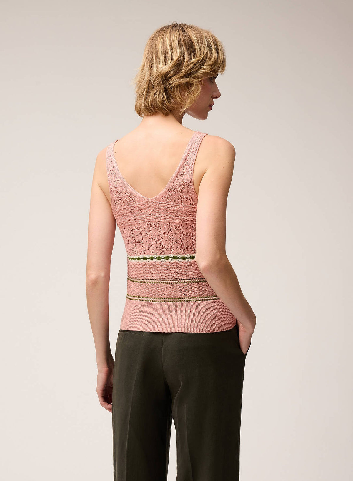 PINK ROSE, BUTTER, GREEN MIX STITCH KNIT TOP
