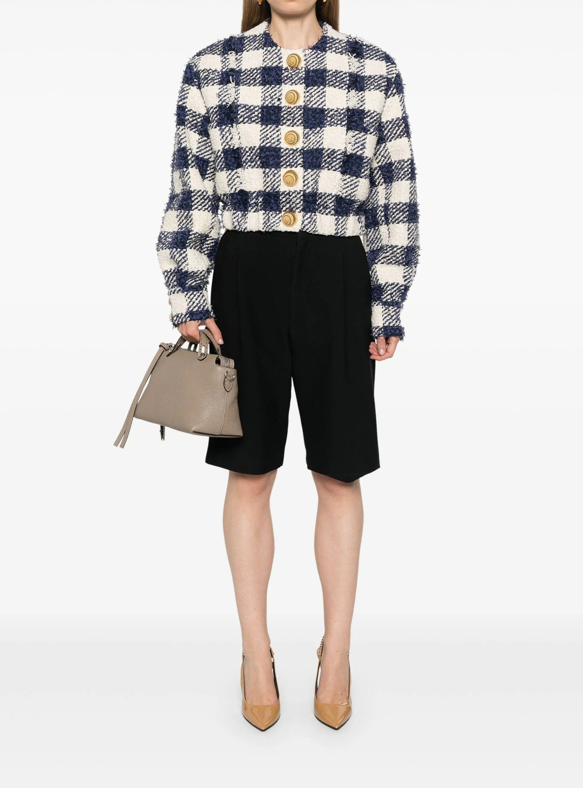 Veste bomber courte en tweed - Marine & Blanc