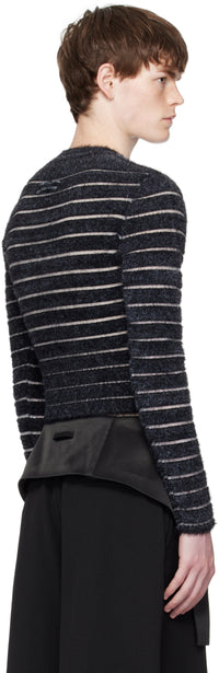 Mix Hairy And Transparent Striped Jacquard "Gaultier" Crew Neck Sweater - Black & White
