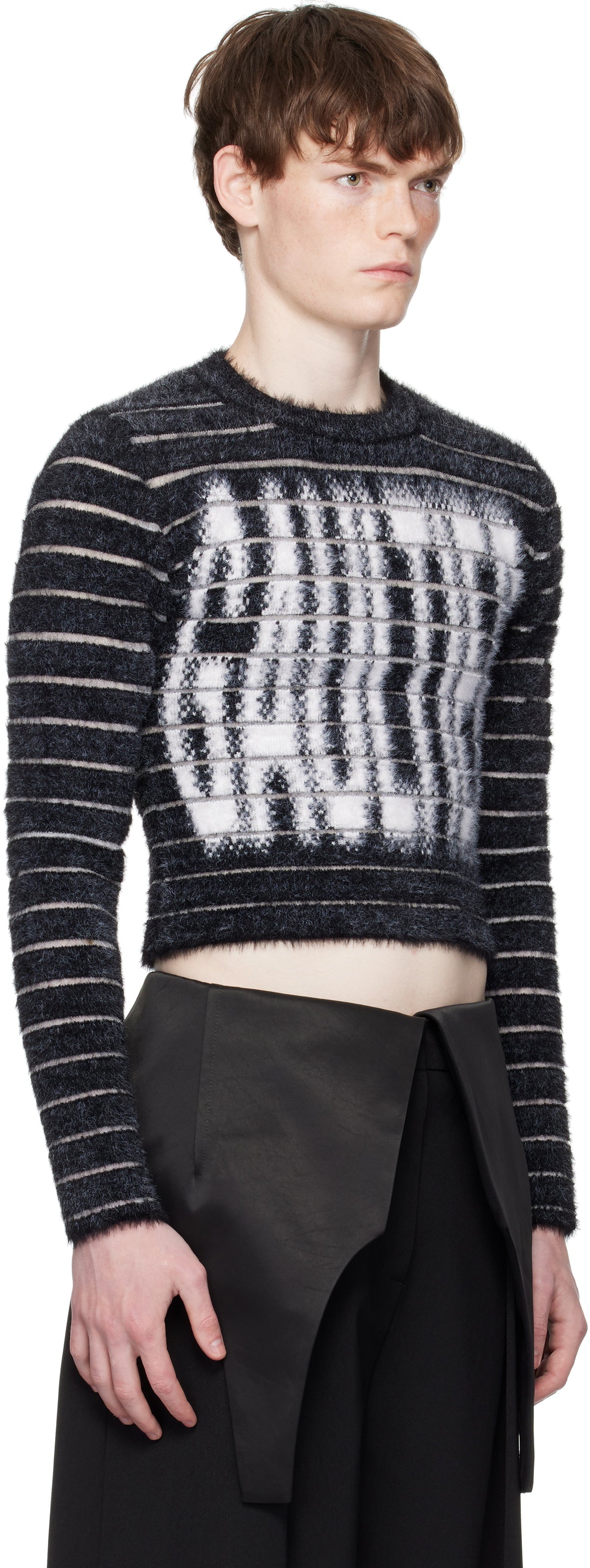 Mix Hairy And Transparent Striped Jacquard "Gaultier" Crew Neck Sweater - Black & White