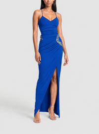 Robe longue portefeuille en jersey brodé serpent - Bleu Électrique