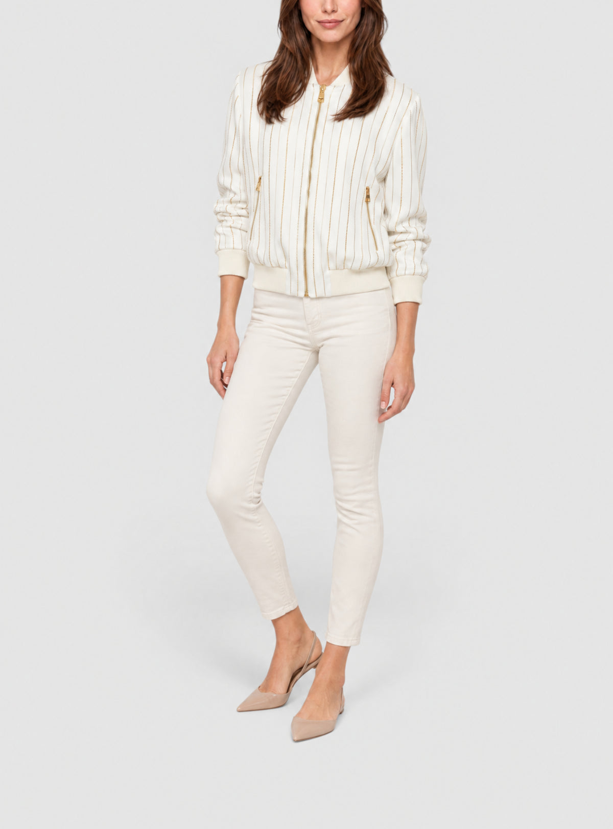 Bomber en satin brodé à rayures dorées - Blanc & Or