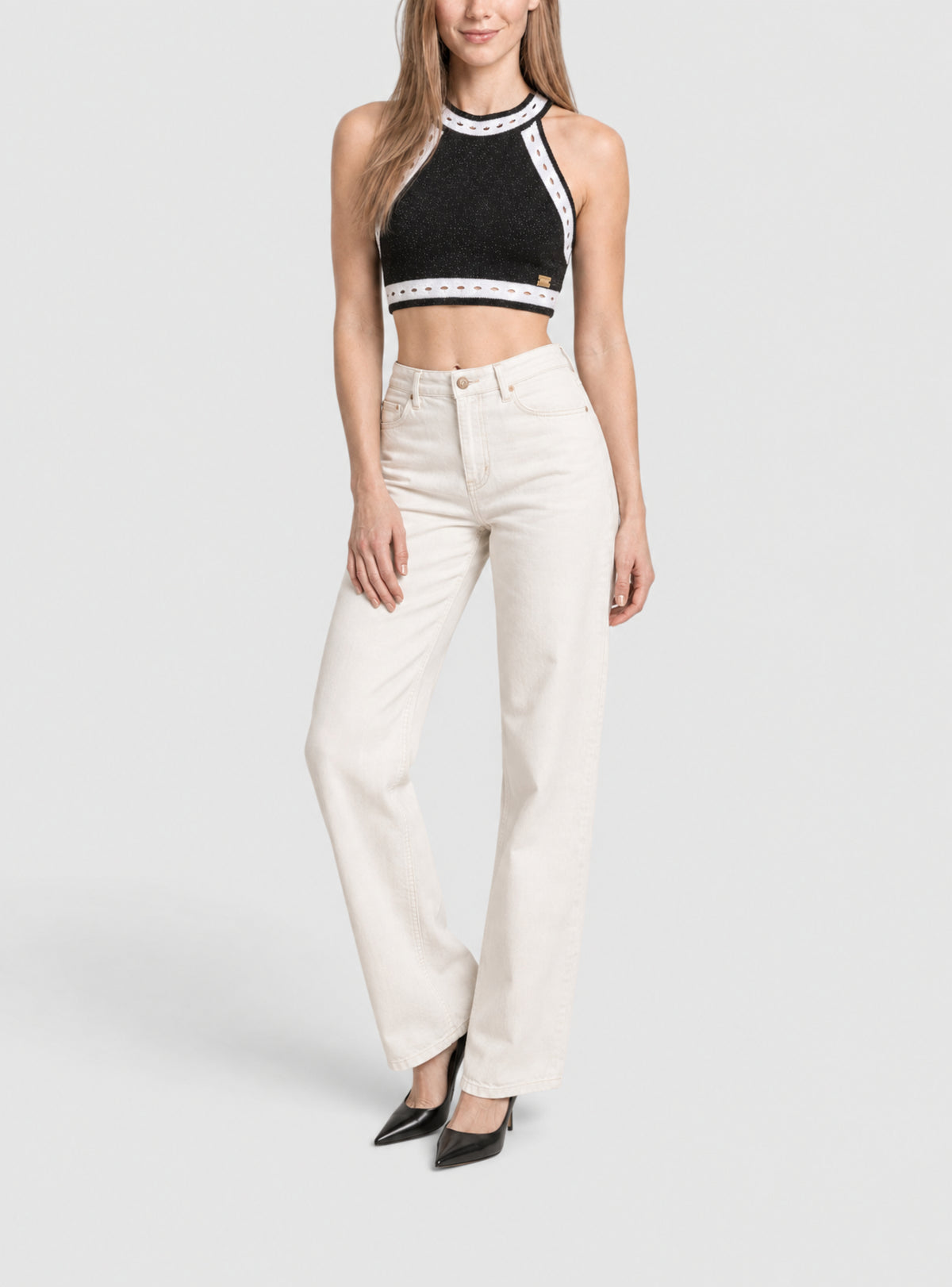 Haut court en maille en dentelle - Noir & Argent & Blanc