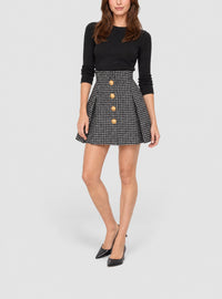 Jupe courte en tulipe tweed vichy boutonnée - Blanc & Noir
