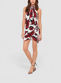 Robe courte drapée à motif rose - Rouge