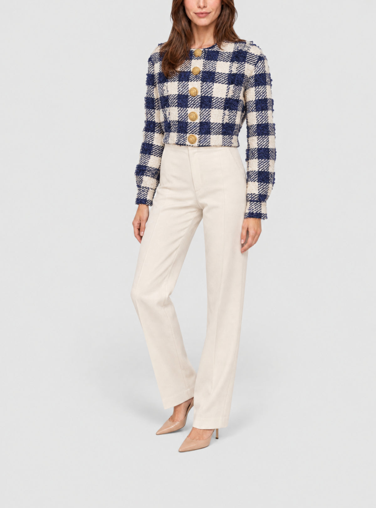 Veste bomber courte en tweed boutonnée - Marine & Blanc