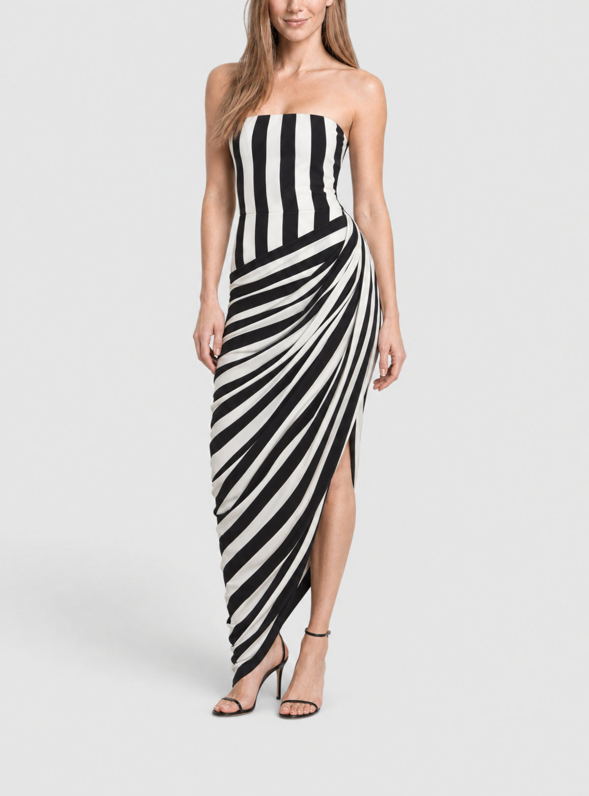 Robe longue fendue en jersey rayé et drapée - Noir & Blanc