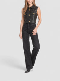 Veste courte en cuir matelassé - Noir