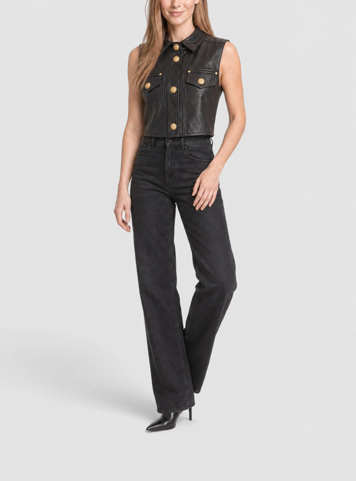 Veste courte en cuir matelassé - Noir