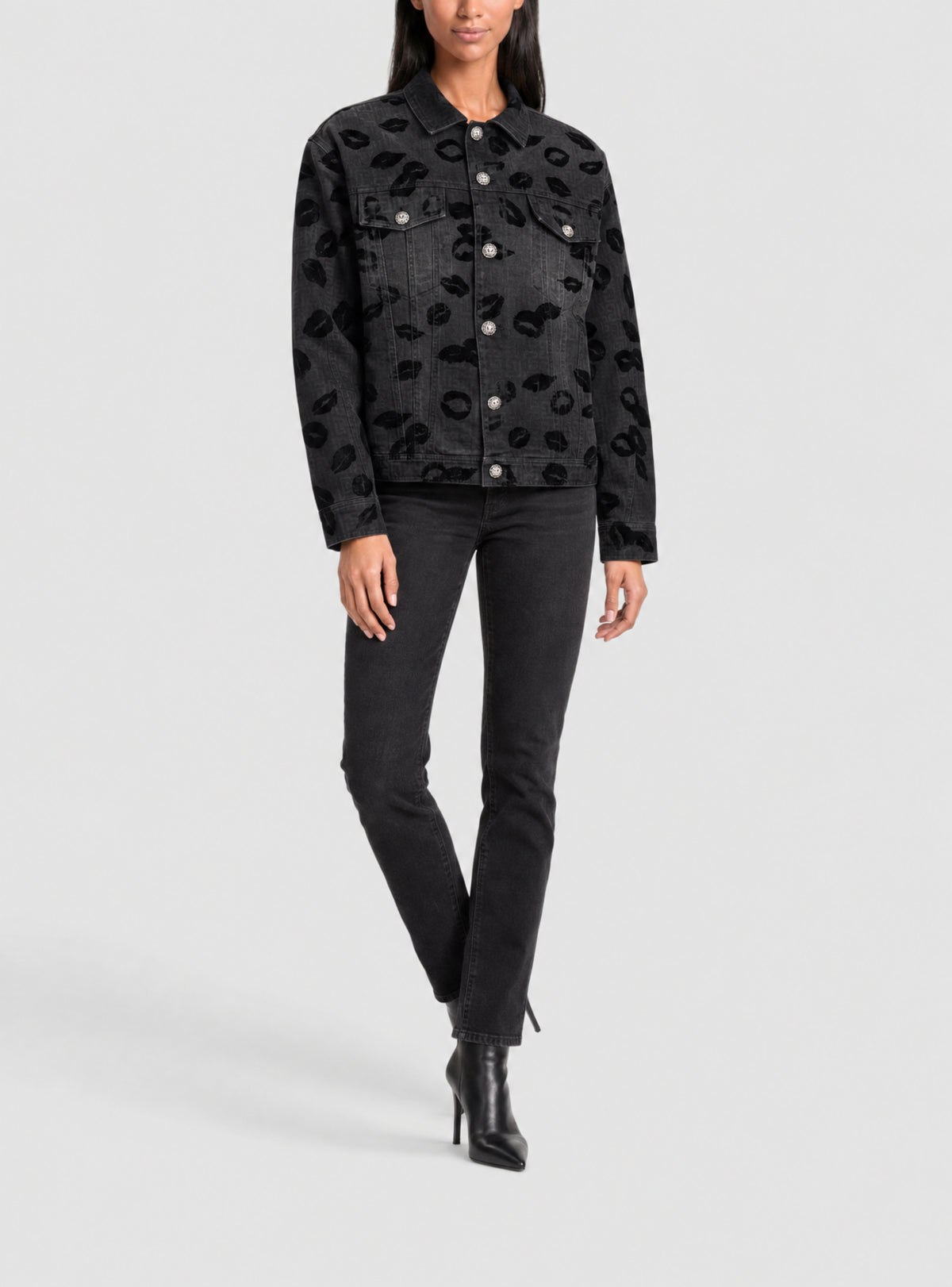 Veste en jean monogramme et flock kiss - Noir Délavé