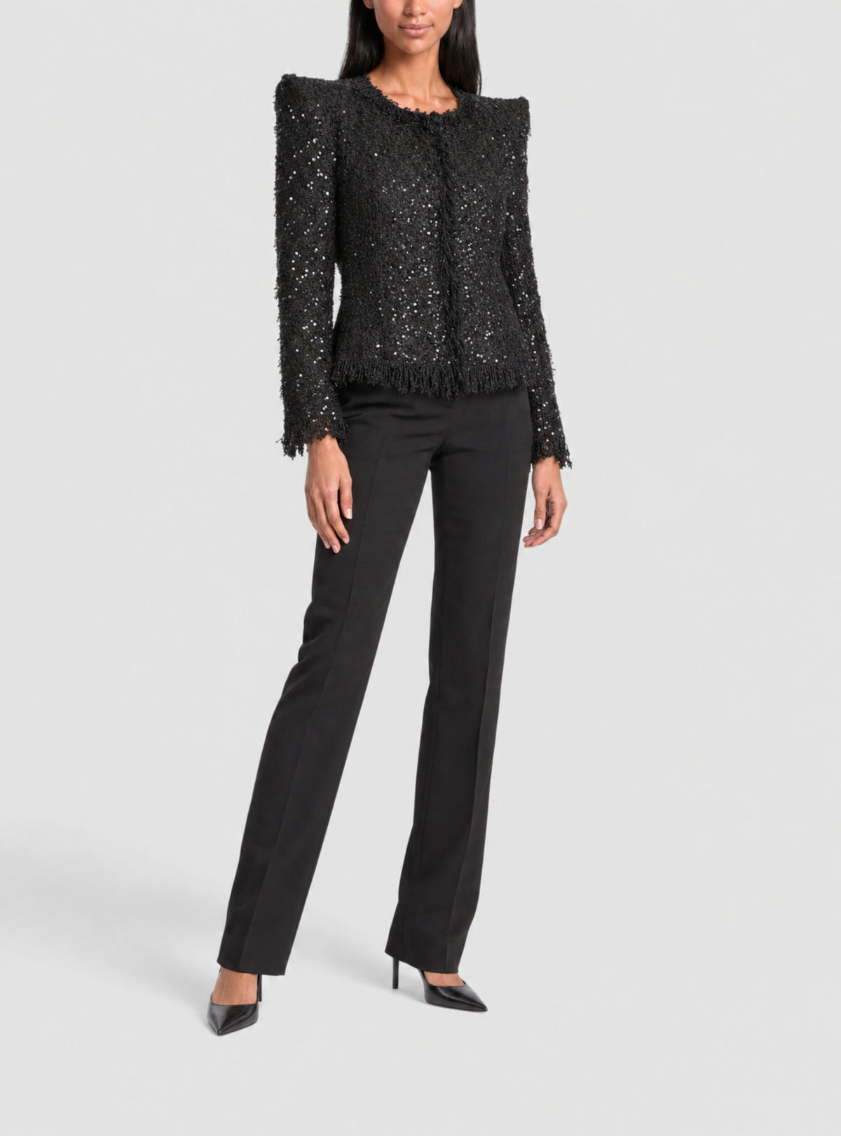 Veste bord à bord en tweed à sequins - Noir