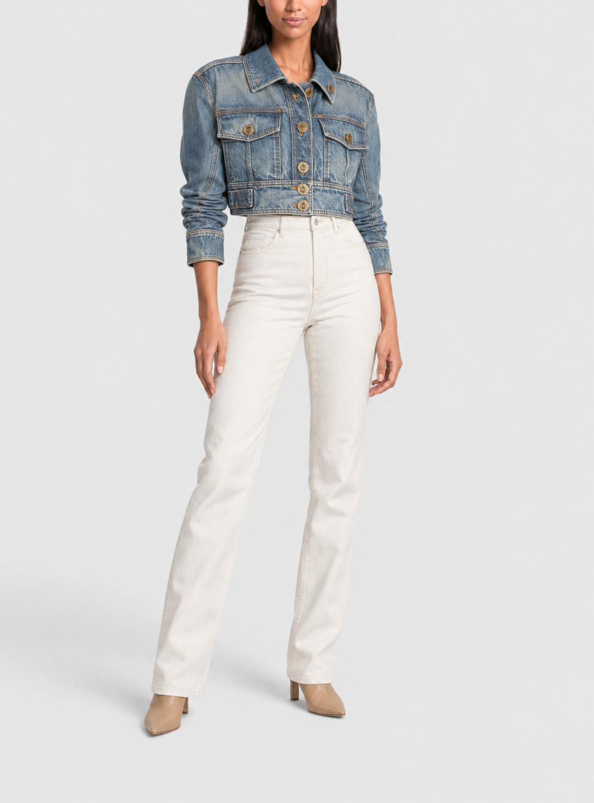 Veste en jean bleue à col montant - Bleu Jean Délavé