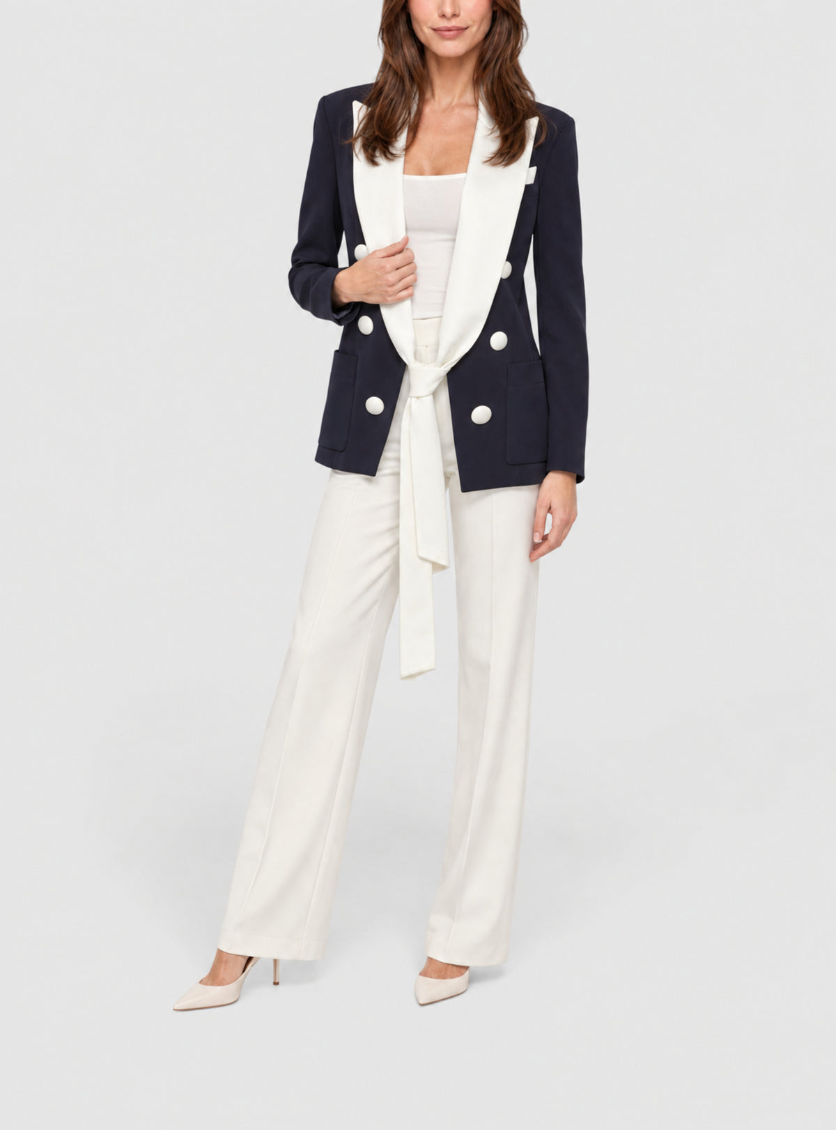 Veste en crêpe et satin à revers noués sur le devant - Bleu Marine & Blanc