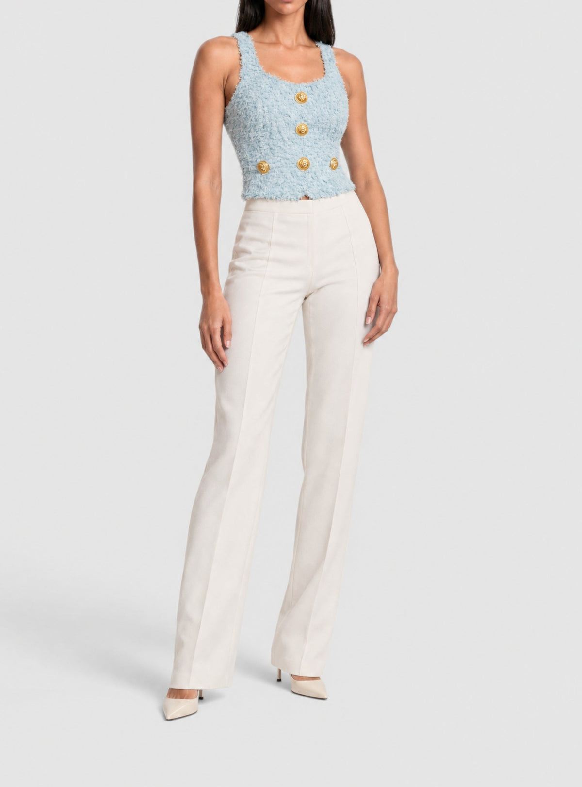 Crop top à bretelles en tweed - Bleu Pâle