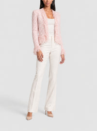 Veste en tweed frangé perlé à col et manches courtes - Rose Clair