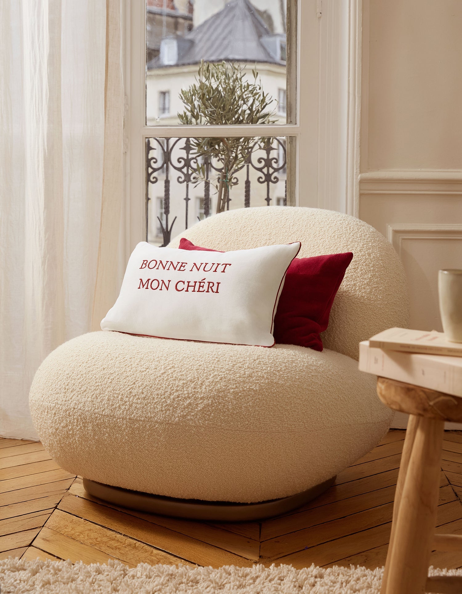 Housse de coussin Mon Chéri en lin et coton - Blanc & Rouge