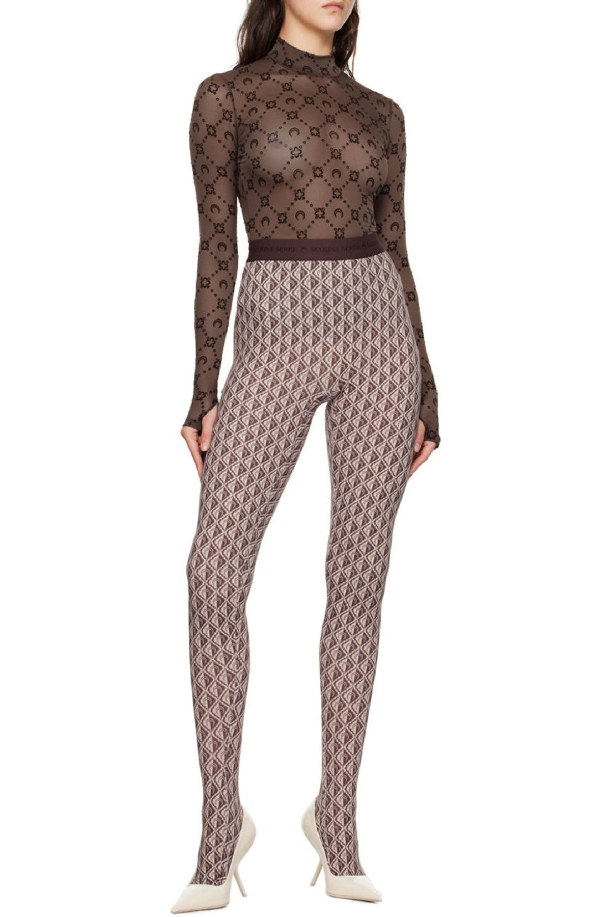 Recycled Mesh Flock Ls Highneck Top - Marron