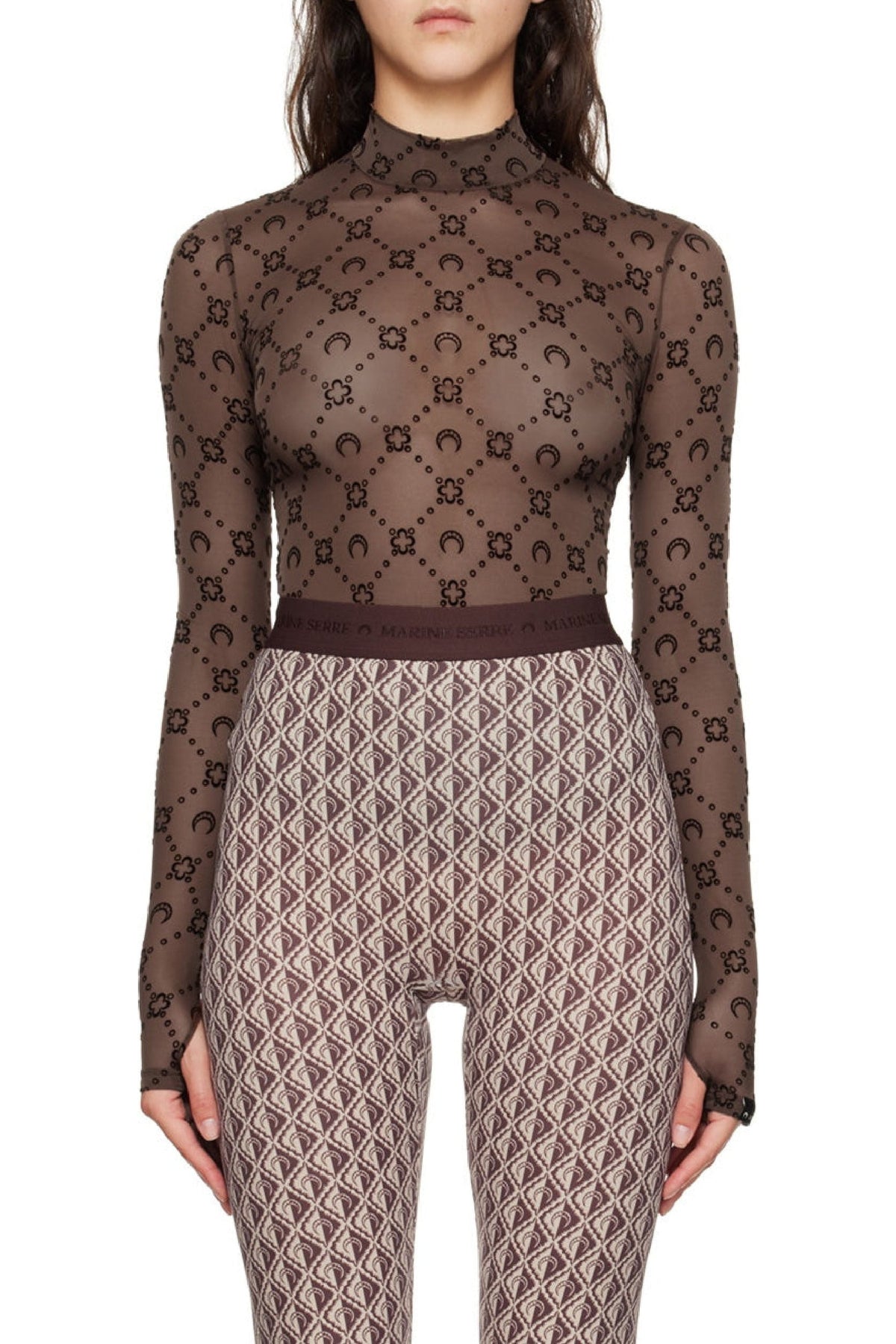 Recycled Mesh Flock Ls Highneck Top - Marron