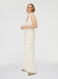 IVORY JACQUARD SLEEVELESS MAXI COLLAR LONG DRESS