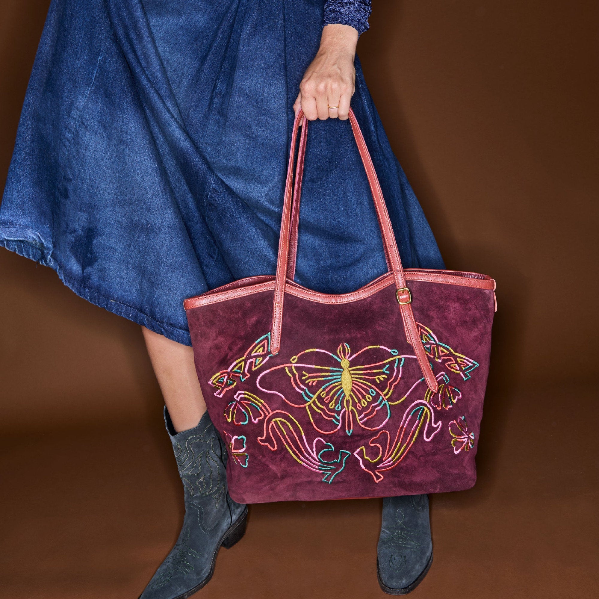 India bag in embroidered suede - Purple