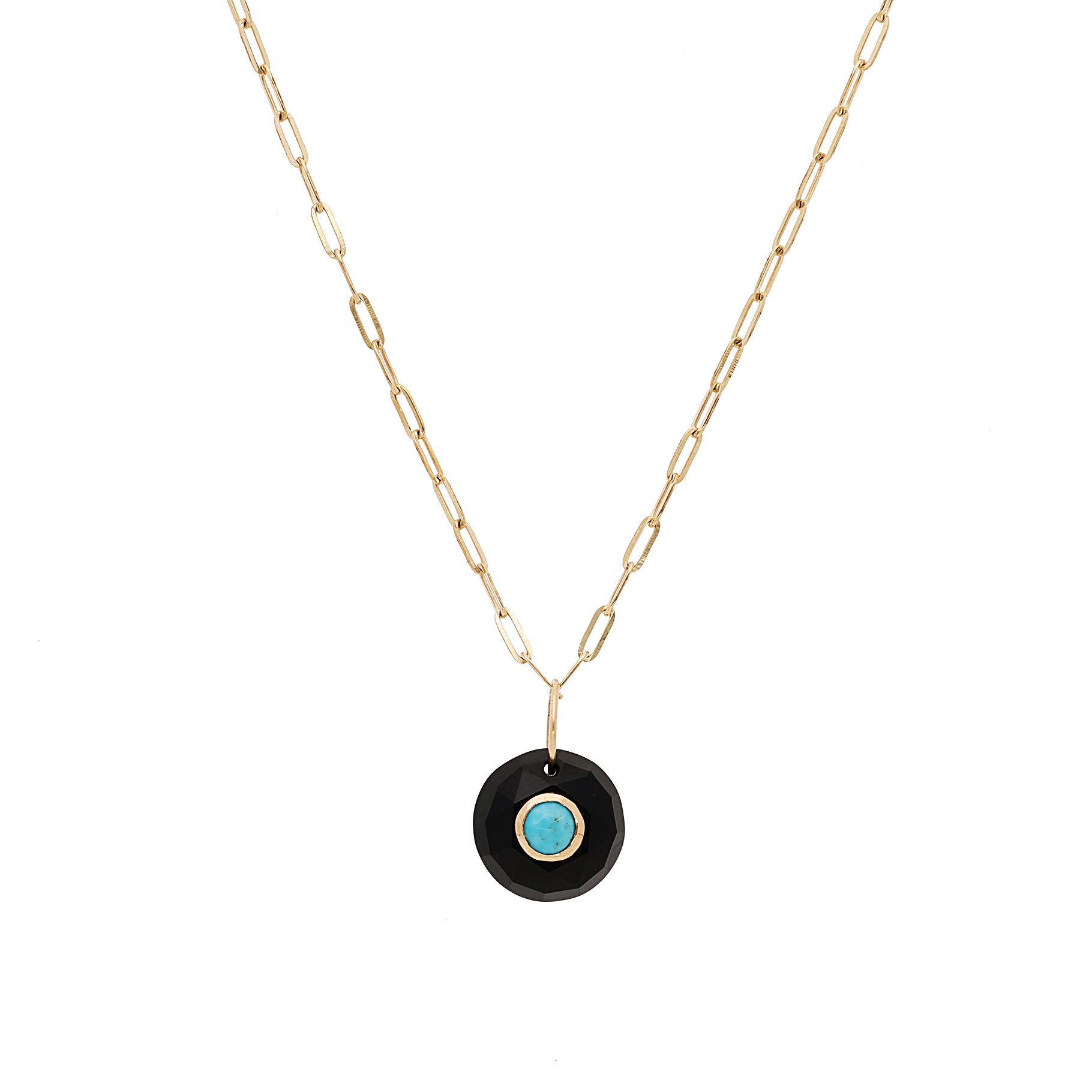 Yellow gold necklace - Black onyx & Turquoise