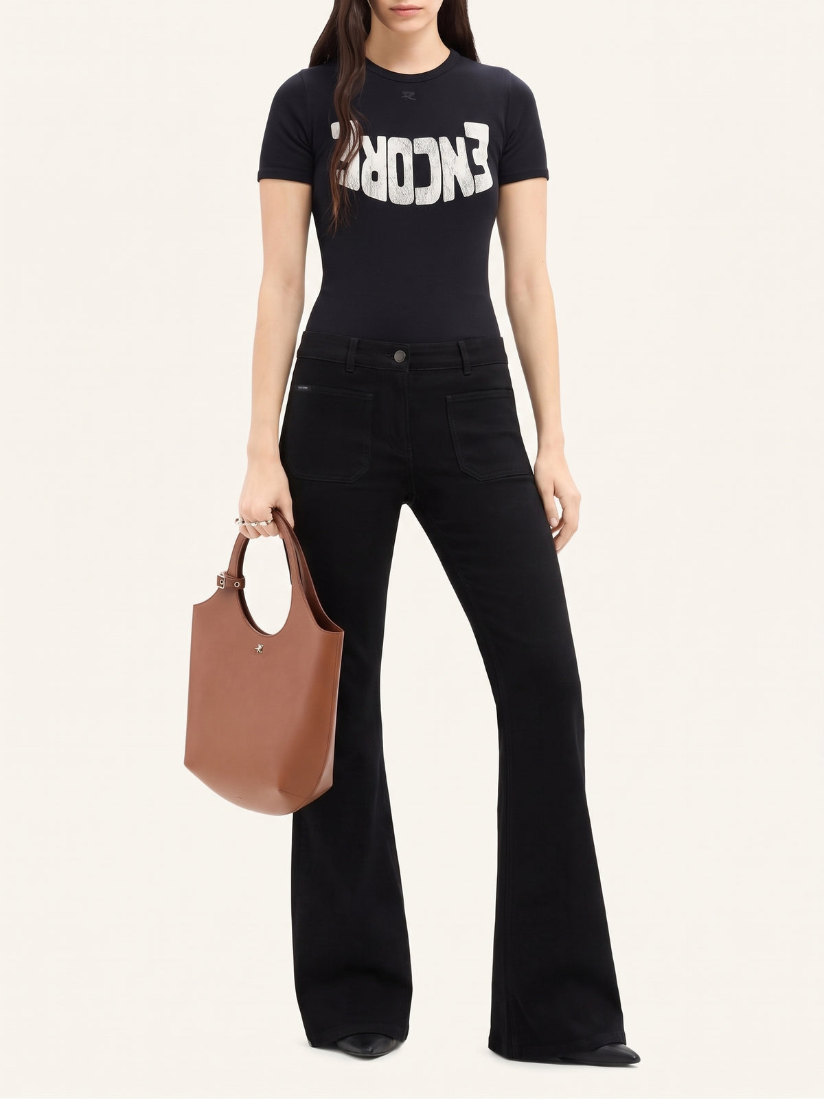 Pantalon bootcut 2 poches en denim surpiqué - Black