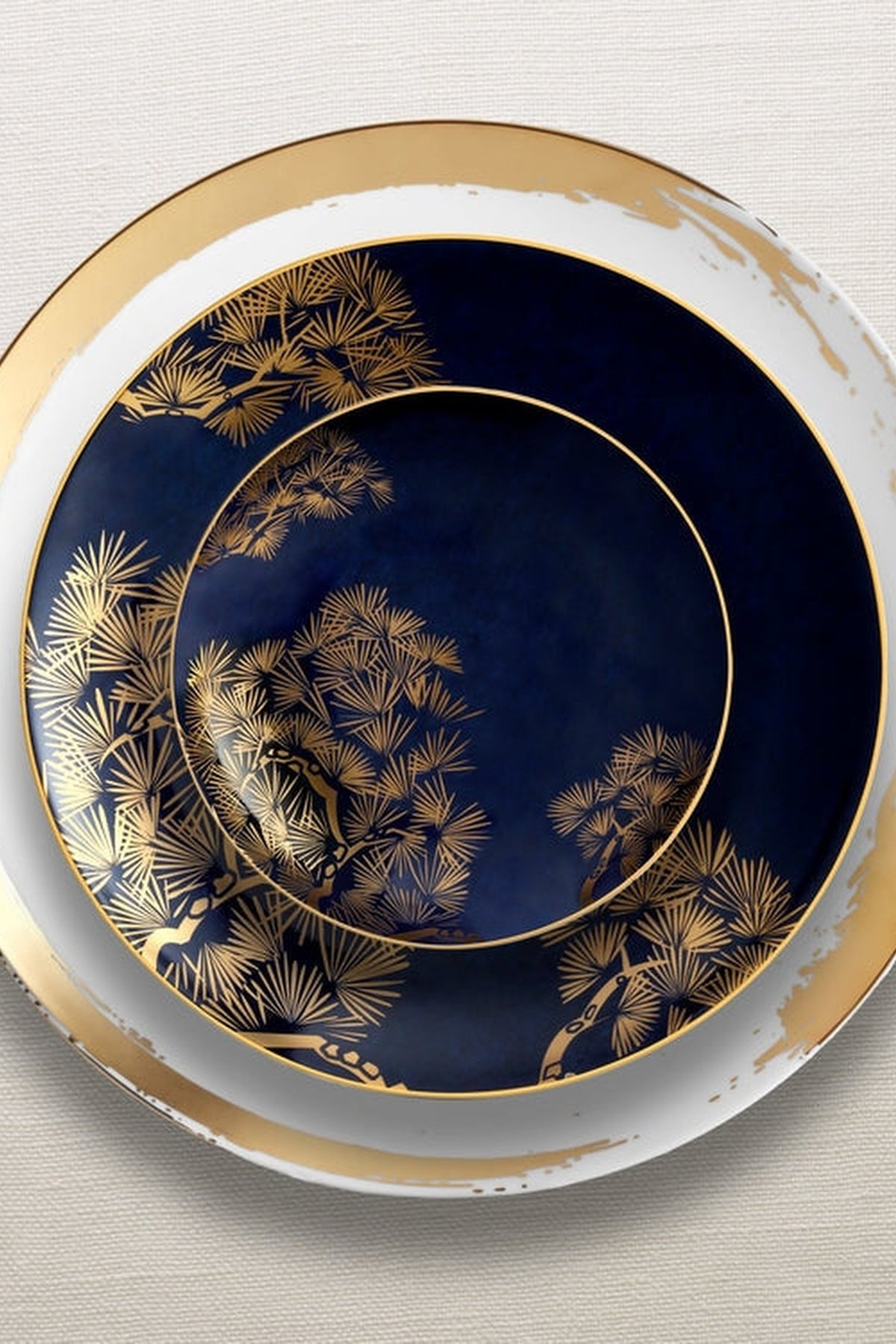 Lot de 4 assiettes à dessert Bonsai Zen - Bleu marine & Or