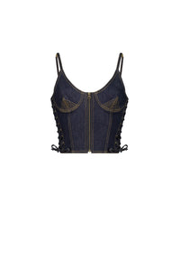 Top Flower à lacets en denim - Indigo