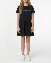 Cotton rhinestone logo dress - Black