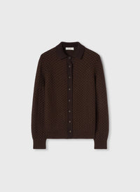 CHOCOLATE DAMIER WOOL AND SILK JACQUARD BUTTON DOWN CARDI WITH SHIRT COLLAR