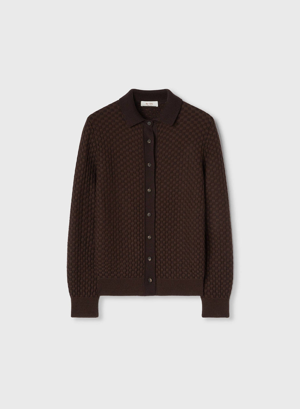 CHOCOLATE DAMIER WOOL AND SILK JACQUARD BUTTON DOWN CARDI WITH SHIRT COLLAR