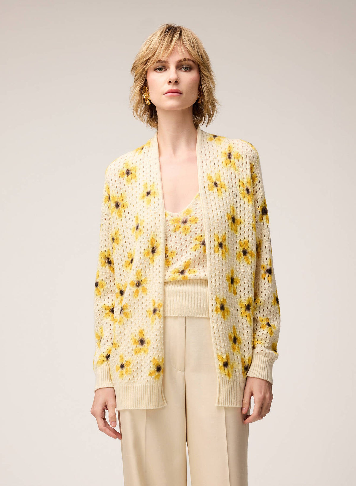 BUTTER PRINTED CASHMERE OPENWORK KNIT CARDIGAN