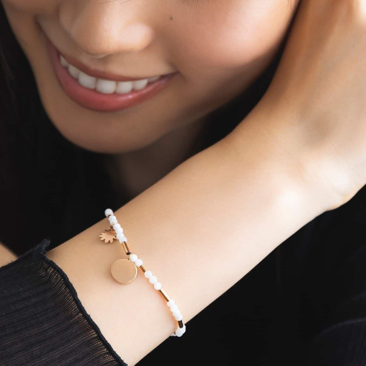 9k rose gold moon and sun bracelet with moonstone andwhite diamonds - Pink