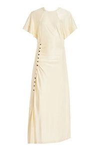 Long cream drapé pression dress
